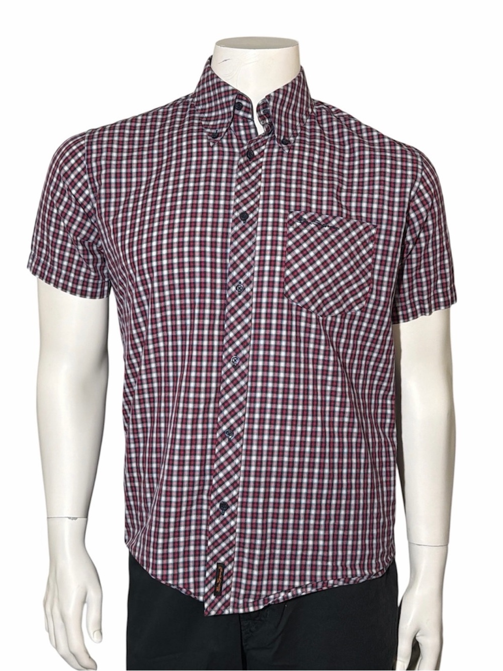 Ben Sherman Burgundy and White Check Short Sleeve Button-Down Shirt